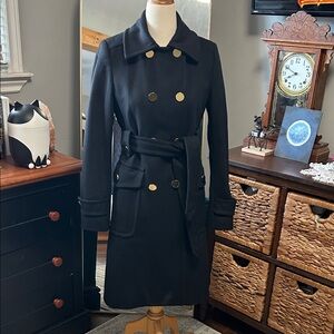 Elie Tahari Black Wool Trench Coat Size 2 Belted Double Breasted Gold Buttons